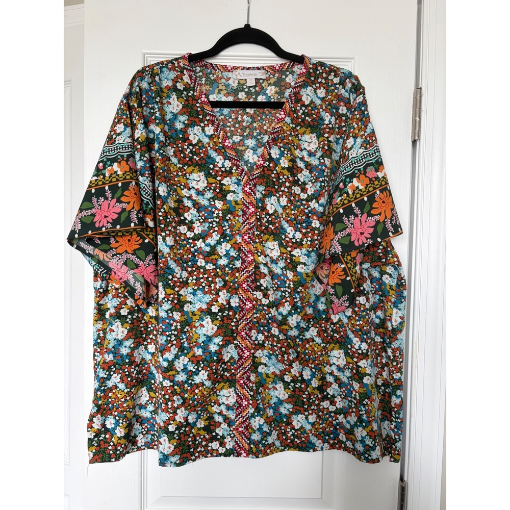 Weekend Suzanne Betro Floral Boho V-Neck Blouse Kimono Sleeve 2X Multi-Color